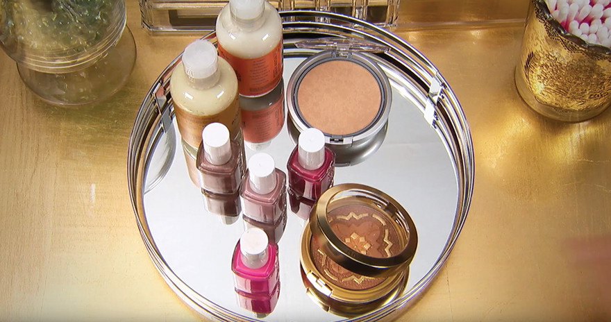 use vanity mirror to place lotions, perfumes, bronzers and more